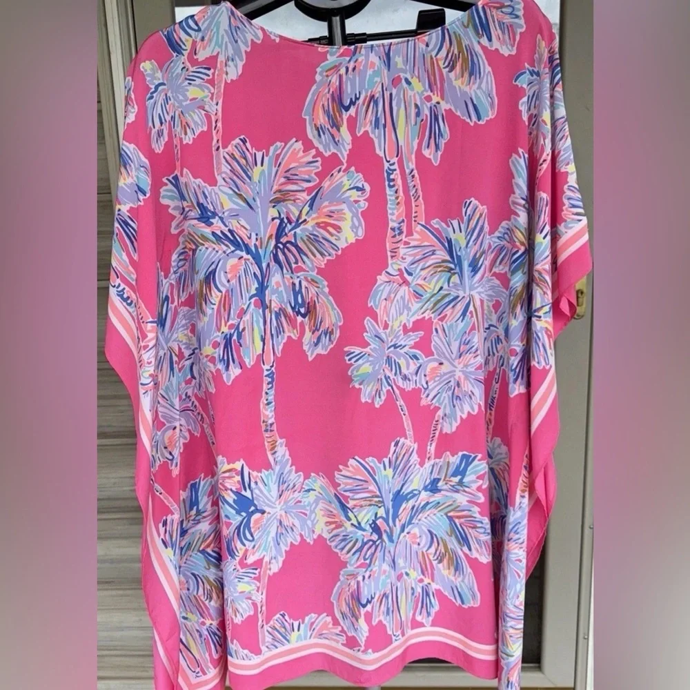 Lilly Pulitzer SILK CAFTAN DRESS Nice Stems PINK Palm Trees S/Medium - Picture 3 of 6